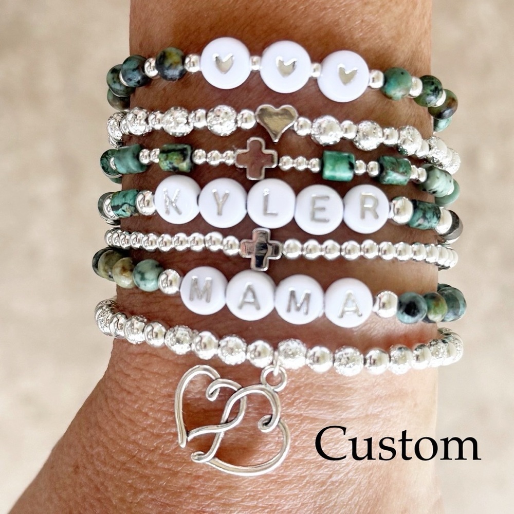 Custom Personalized African Turquoise and Silver Stretch Bracelet Stack
